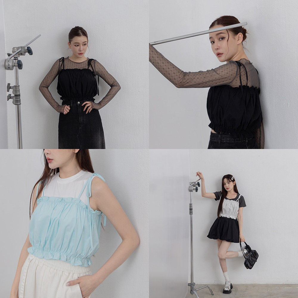 QUEENSHOP 2025春夏新品女装松紧荷叶边肩绑带背心上衣