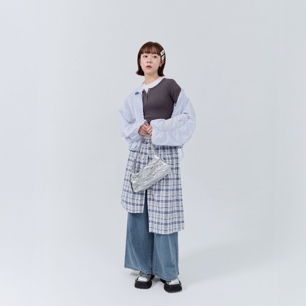 休闲不对称格纹拼接牛仔长裤