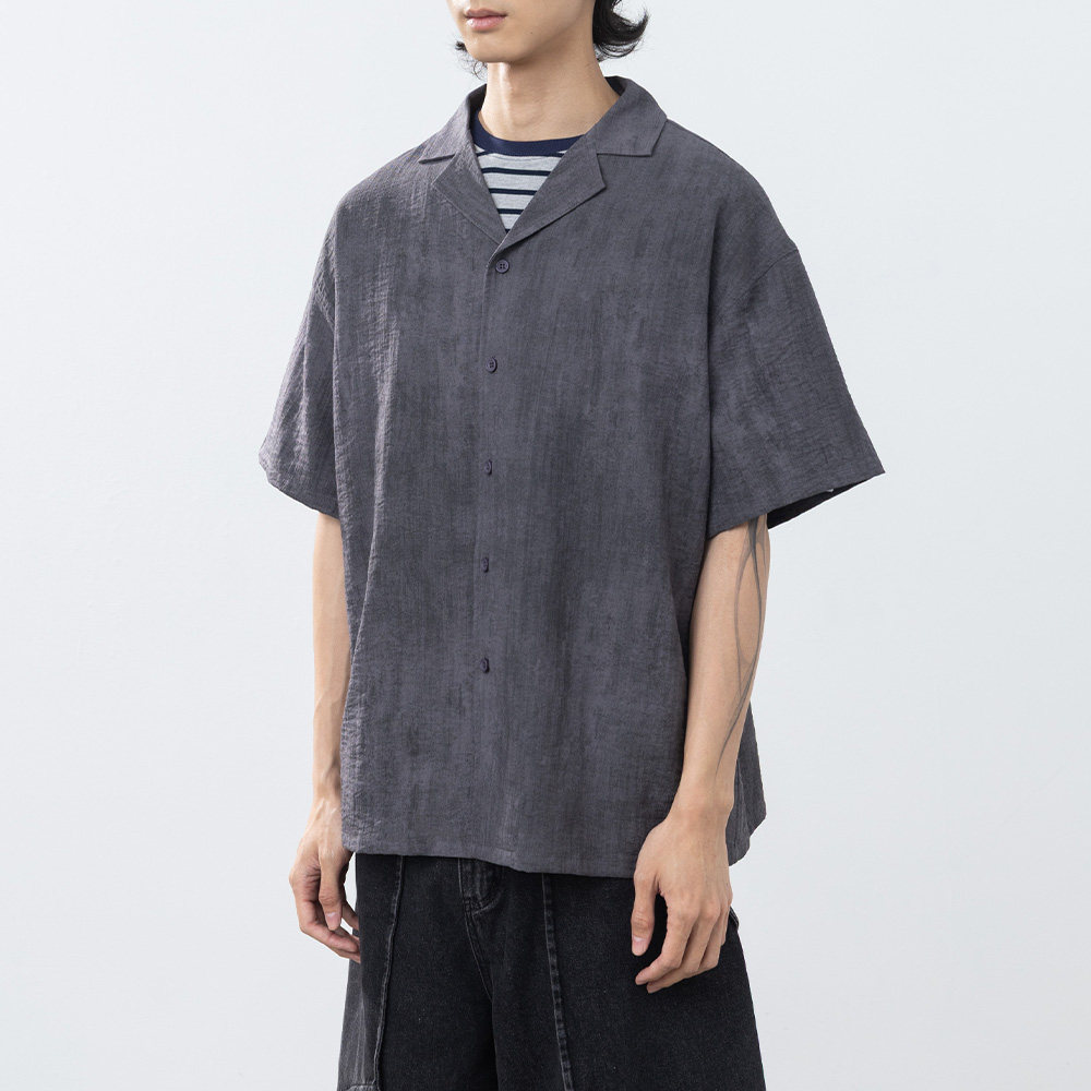 QUEENSHOP2026春夏新品男装古巴领晕染设计短袖衬衫-灰01025757