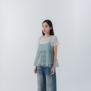 QUEENSHOP 2026春夏新品女装刺绣小花网纱细肩罩衫背心绿01099616