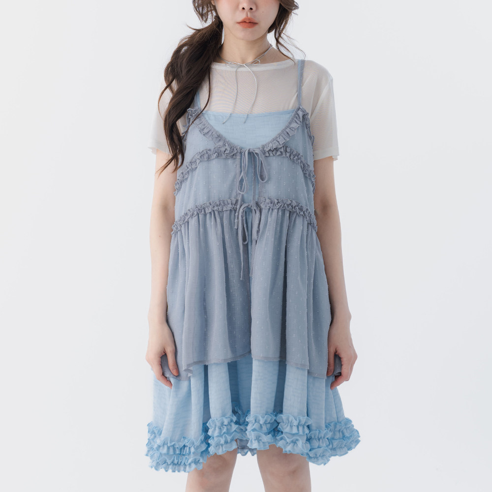 QUEENSHOP 2026春夏新品女装V领荷叶绑带细肩罩衫背心-灰01099582