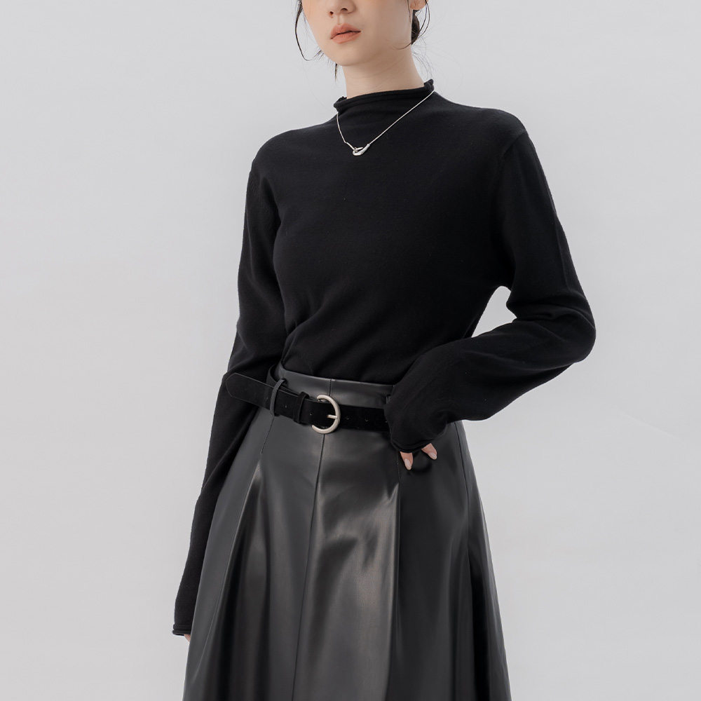 蕾蒂素面卷边高领针织长袖上衣