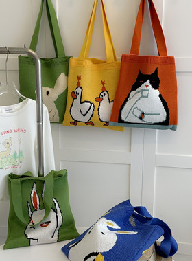 绿色针织手拎包帆布包手提单肩包可爱卡通兔子鸭子包包学生新款女