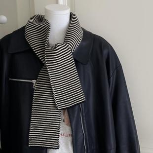 气质款黑白细条纹拼色ins风简单装饰短小围脖保暖秋冬季围巾女士
