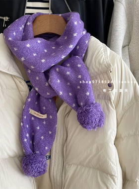 买手店款紫色围脖小众球球装饰雪花圣诞节红色围巾秋冬季保暖女士