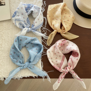 韩风小清新文艺小方巾春夏秋腰花樱桃头巾柔软亲肤棉麻丝巾领巾女