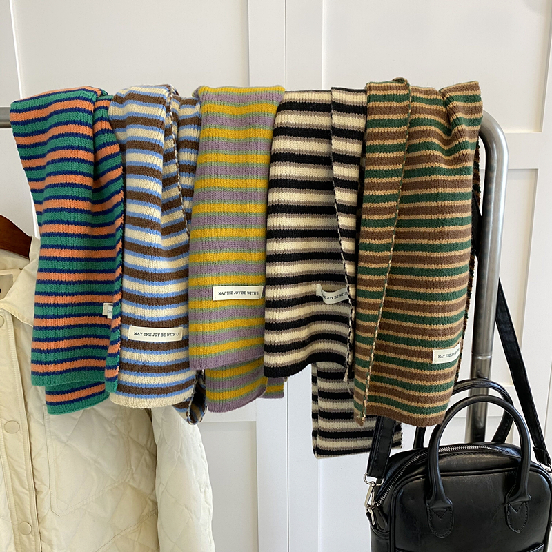 秋冬氛围感围巾保暖拼色复古学生小围脖撞色条纹韩国温柔ins风女