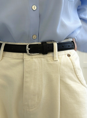 日常BI备韩系简单款黑色小腰带女士韩版荔枝纹银扣皮带学生百搭潮