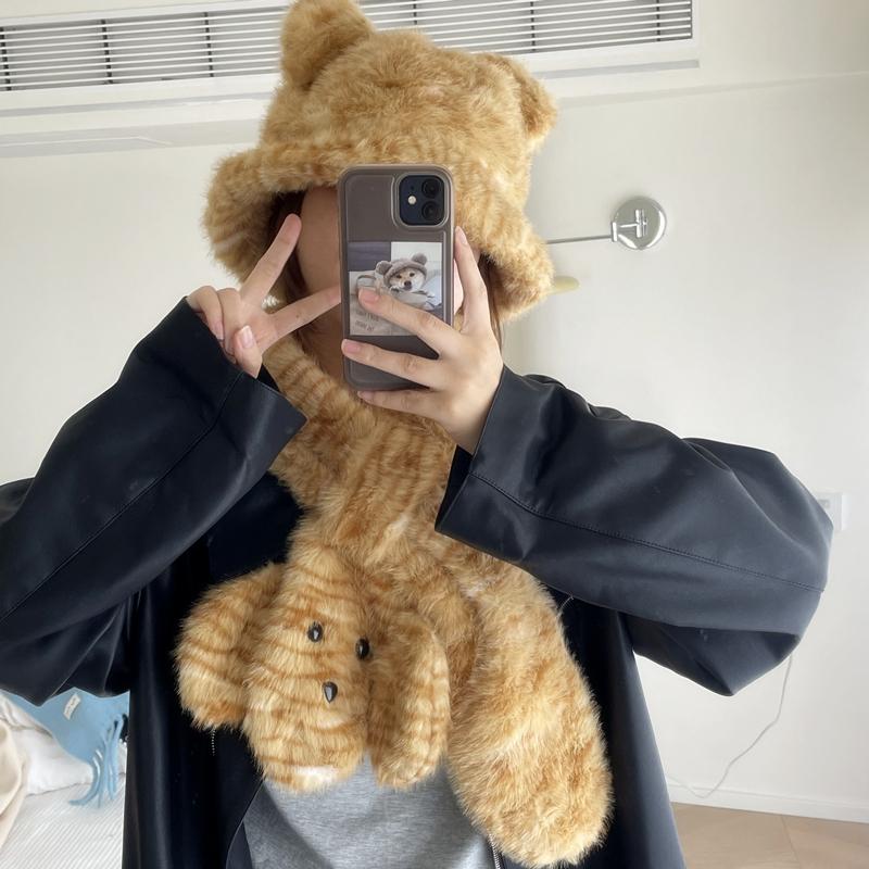 可爱虎纹小狗围巾毛绒绒渔夫帽子冬季保暖围脖可爱学生卡通