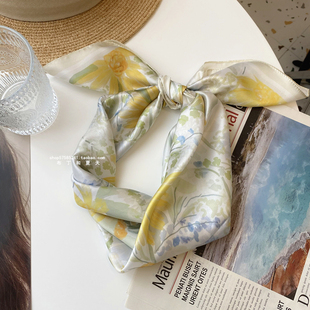 黄色花卉油画风ins氛围感显白少女发带丝巾领巾方巾装饰头巾韩国