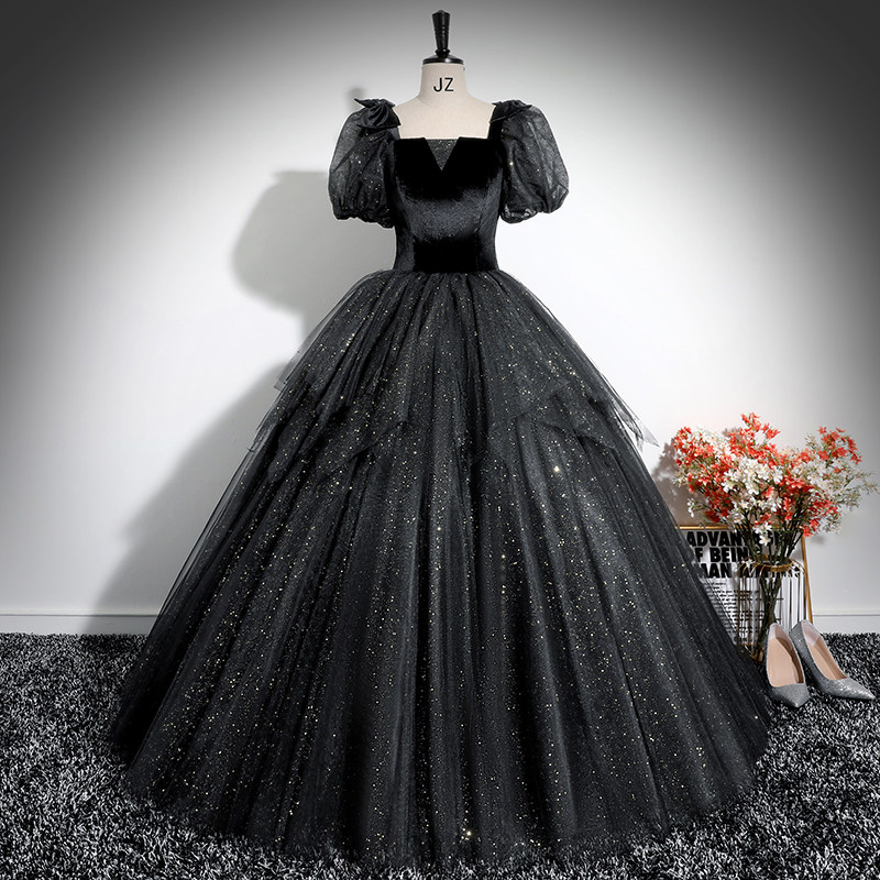 黑色晚礼服学生声乐艺考独唱演出服长款年会主持人钢琴演奏蓬蓬裙