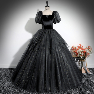 黑色晚礼服学生声乐艺考独唱演出服长款年会主持人钢琴演奏蓬蓬裙