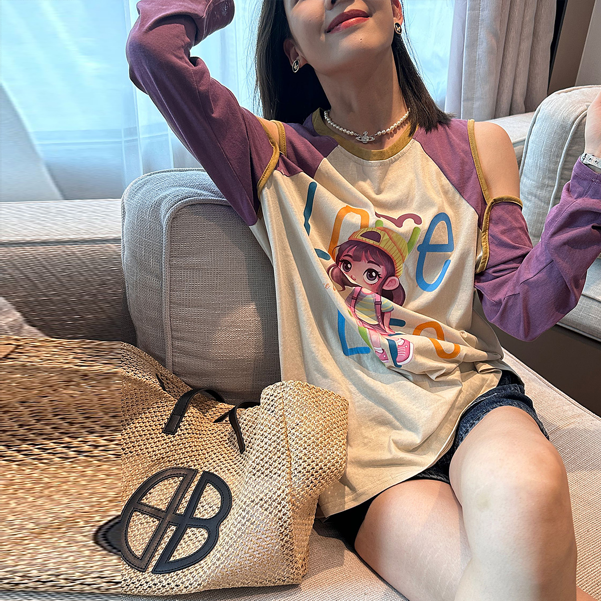 cc小姐露肩卡通图案T恤女夏欧洲站欧货女装潮洋气百搭长袖防晒衣