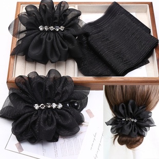 气质盘发黑色雪纺花朵发饰头饰制作辅料手工diy发夹材料银丝布带