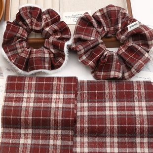 韩系复古圣诞新年酒红磨毛格纹大肠发圈diy布料布条头饰肠圈材料