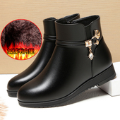 妈妈鞋 短靴子中老年女鞋 棉鞋 加绒保暖真皮软底平底低跟女士棉皮鞋