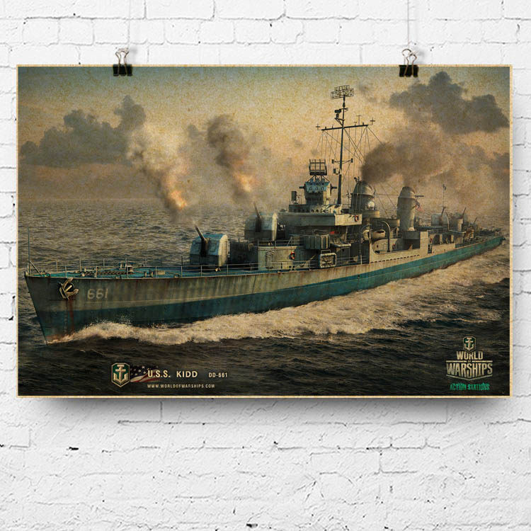游戏海报 战舰世界wow 基德号驱逐舰 纪德级 uss kidd 复古战舰图