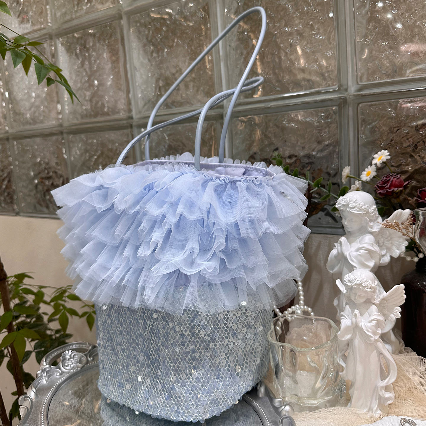 原创设计蓝色闪亮圆珠片水桶包