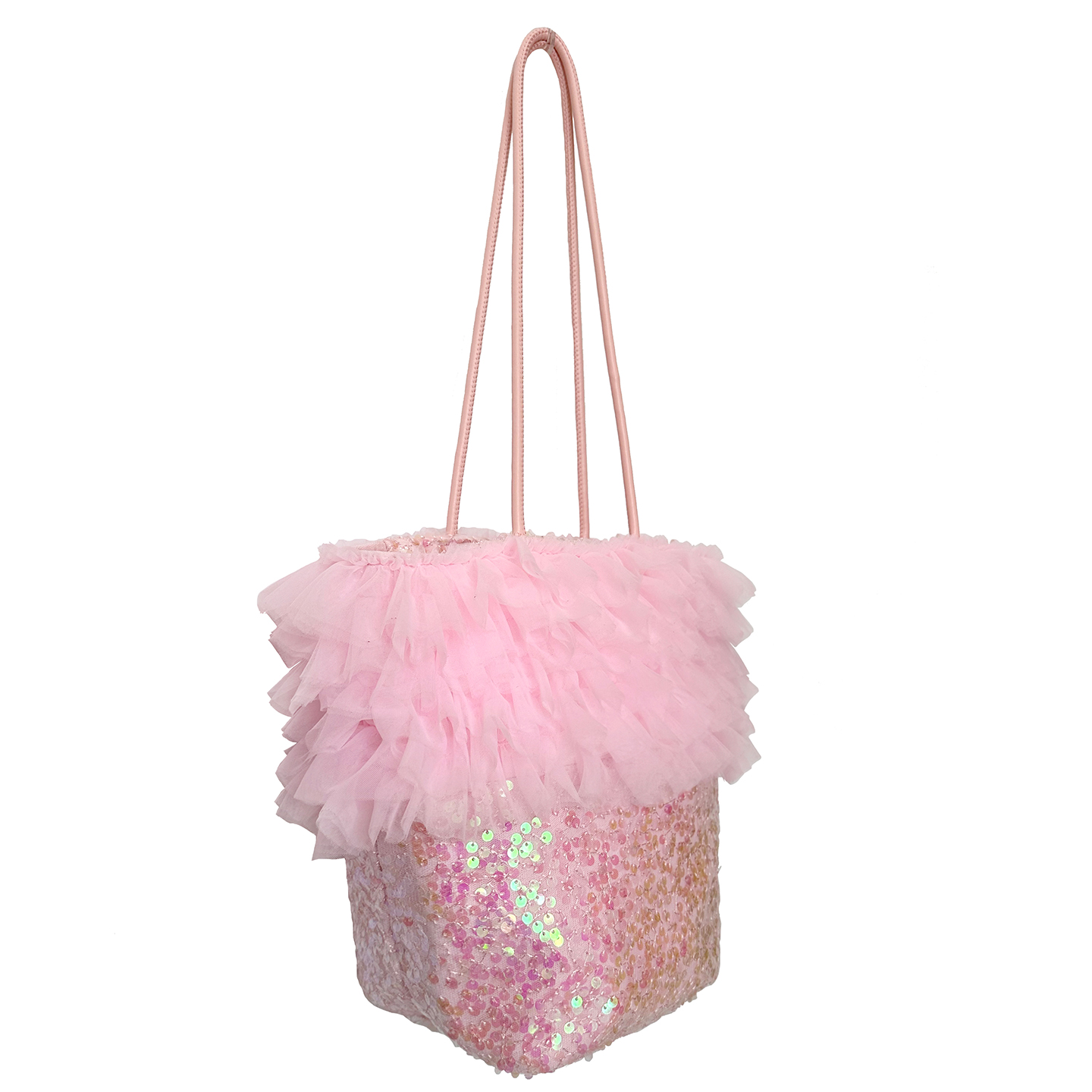 原创幻彩粉色亮片网纱托特包