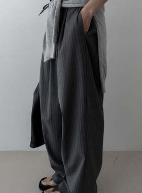 韩国代购 feminique fepintuck stripe banding 直筒 系带 休闲裤