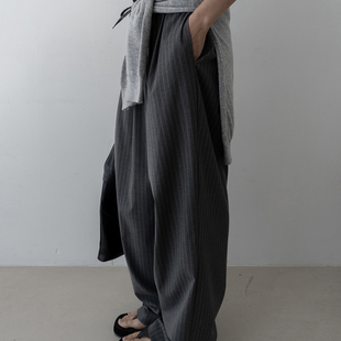 韩国代购 feminique fepintuck stripe banding 直筒 系带 休闲裤