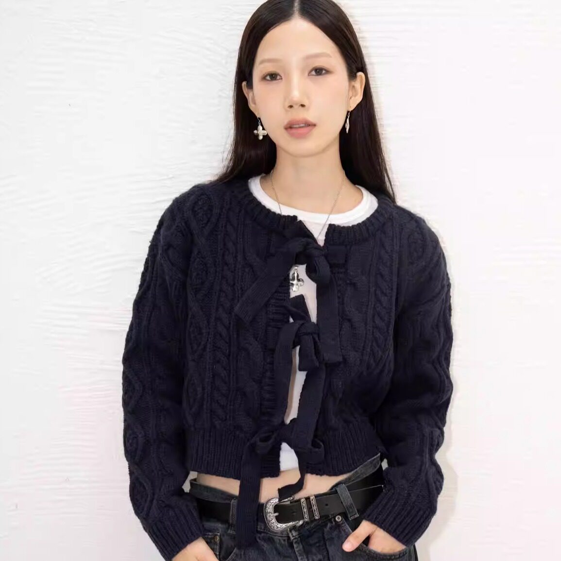 韩国代购 artistkomplex LACE-UP CABLE 蝴蝶结系带 羊毛外套