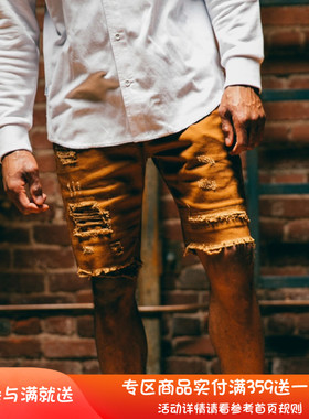 美国潮牌fairplay auroto破洞破坏 做旧贴布 弹力 修身四分裤短裤