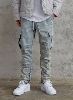 LA潮牌fairplay 牛仔quincy 洗水做旧弹力破坏热狗同款高街牛仔裤