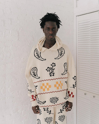 【五折】纽约设计师品牌Profound 民族风 复古腰果花针织连帽毛衣