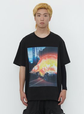 纽约潮牌Profound Foundation支线 燃烧汽车视觉系 美式宽松短袖