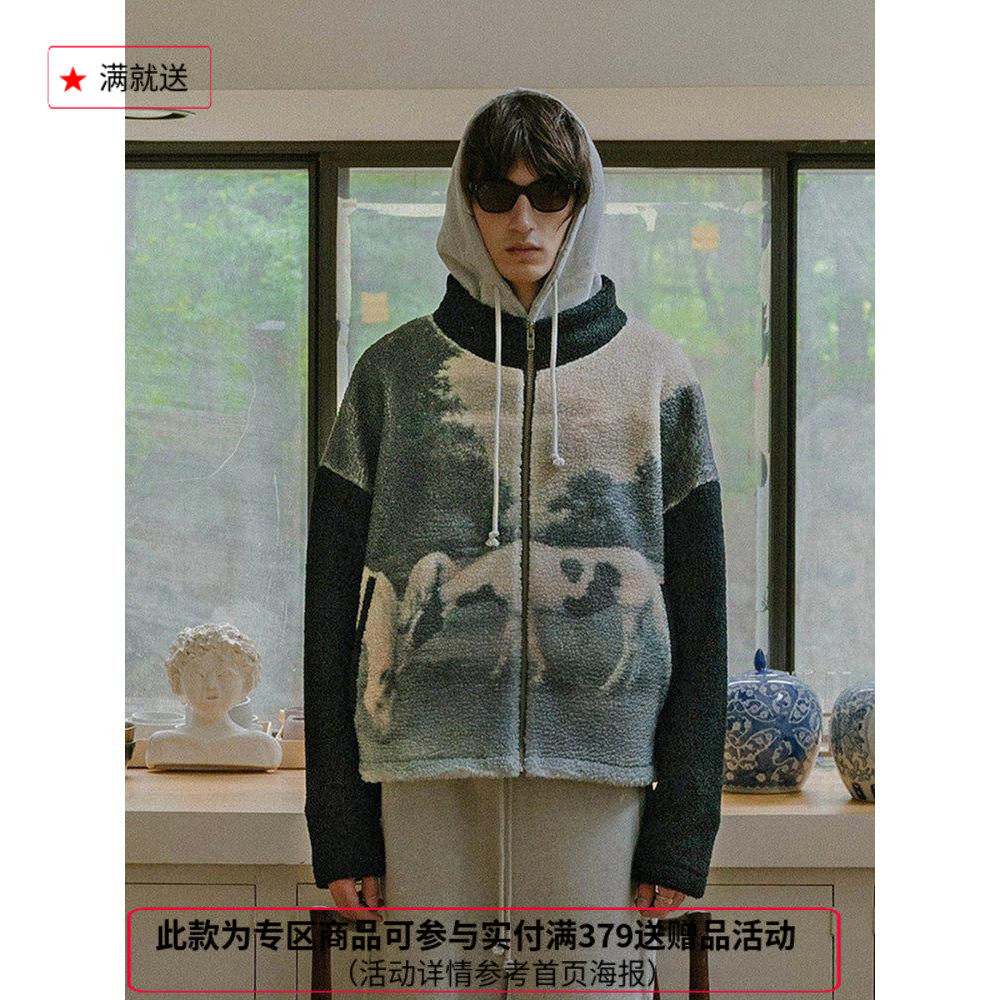 【五折】纽约设计师品牌Profound 田园牧马风景油画 羊羔绒外套