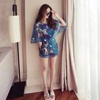 2016夏季新款韩版时尚披肩印花雪纺连衣裙显瘦喇叭袖