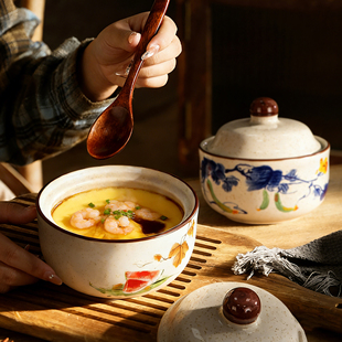 陶瓷炖盅一人食复古瓦罐家用煲汤隔水炖煲蒸蛋碗带盖小碗汤罐