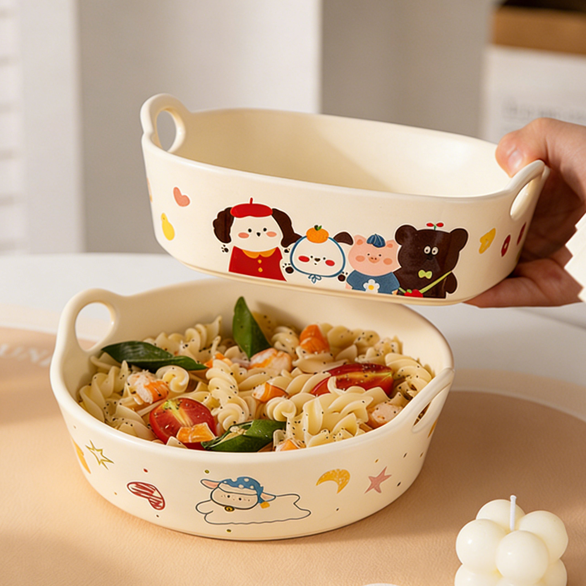 空气炸锅专用碗陶瓷烤碗烤箱用圆形双耳烤盘沙拉烘焙焗饭碗微波炉