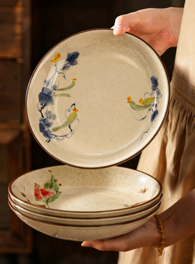 8寸复古盘子菜盘家用2025新款中式陶瓷深盘高颜值菜盘水果盘饭盘