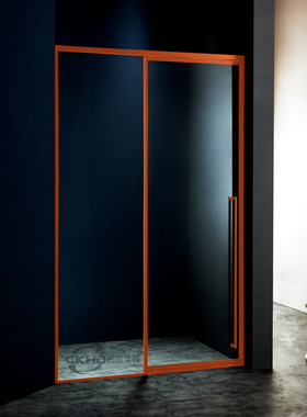 上下轮细轨道全包框不锈钢极简橙色淋浴房一字形移门玻璃浴室隔断