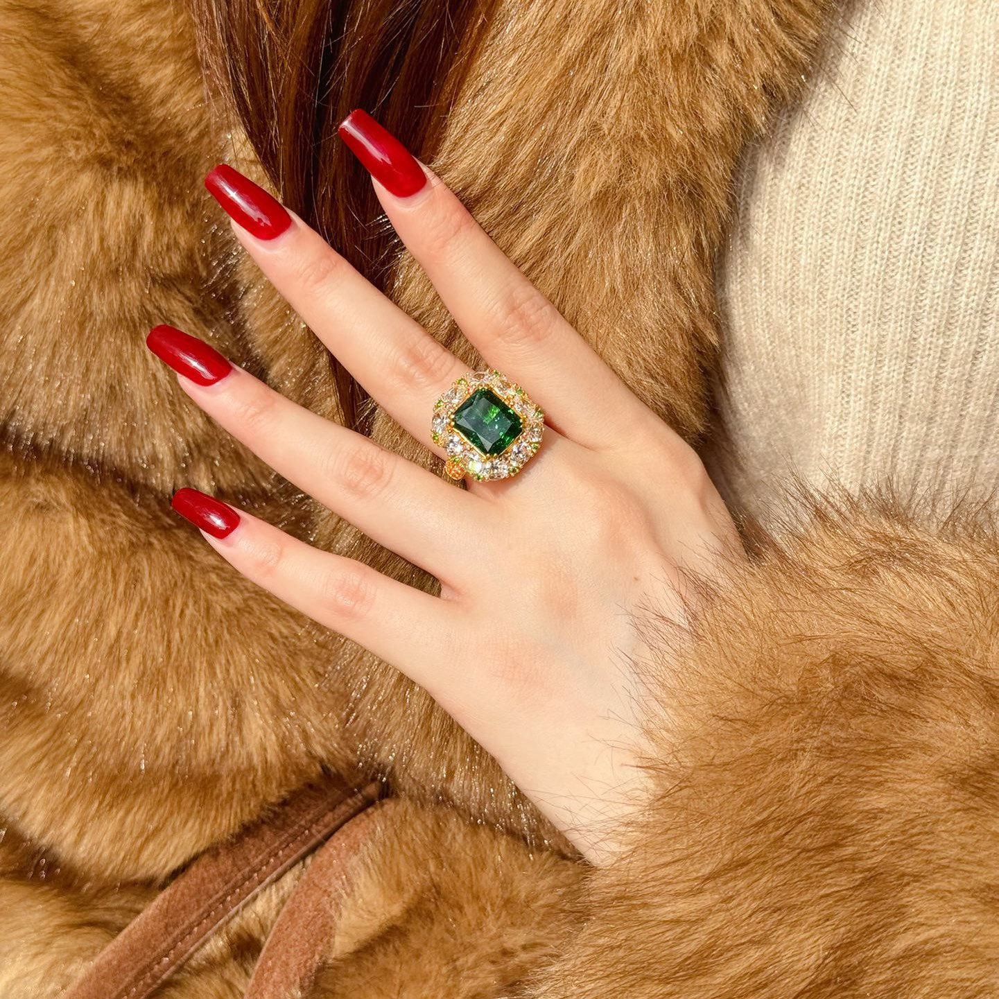 黄金戒指绿林朝歌高级感满钻活口女士戒指生日礼物足金不分圈口