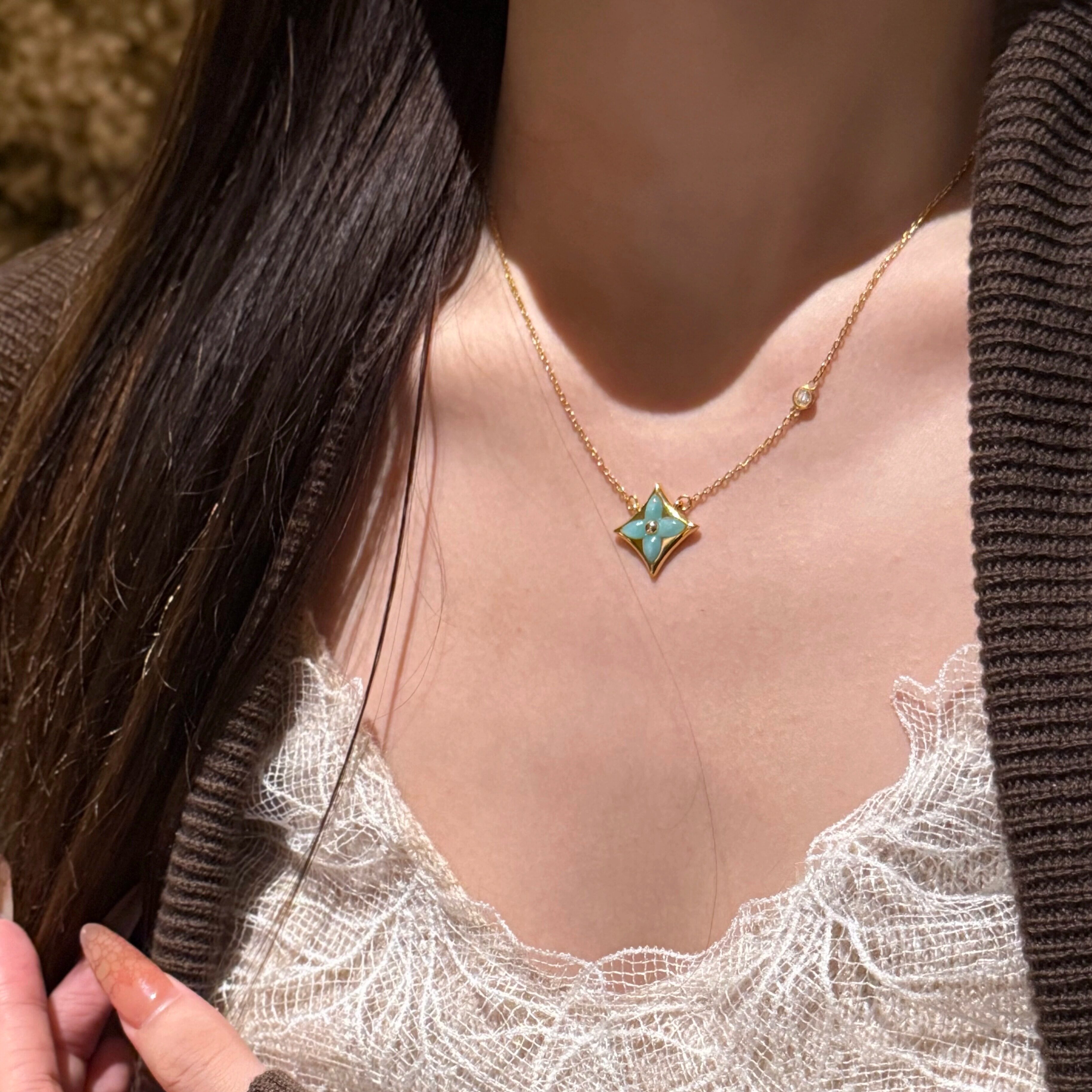 女士黄金项链潮牌日常佩戴高级感单花天河石套链足金999支持复检