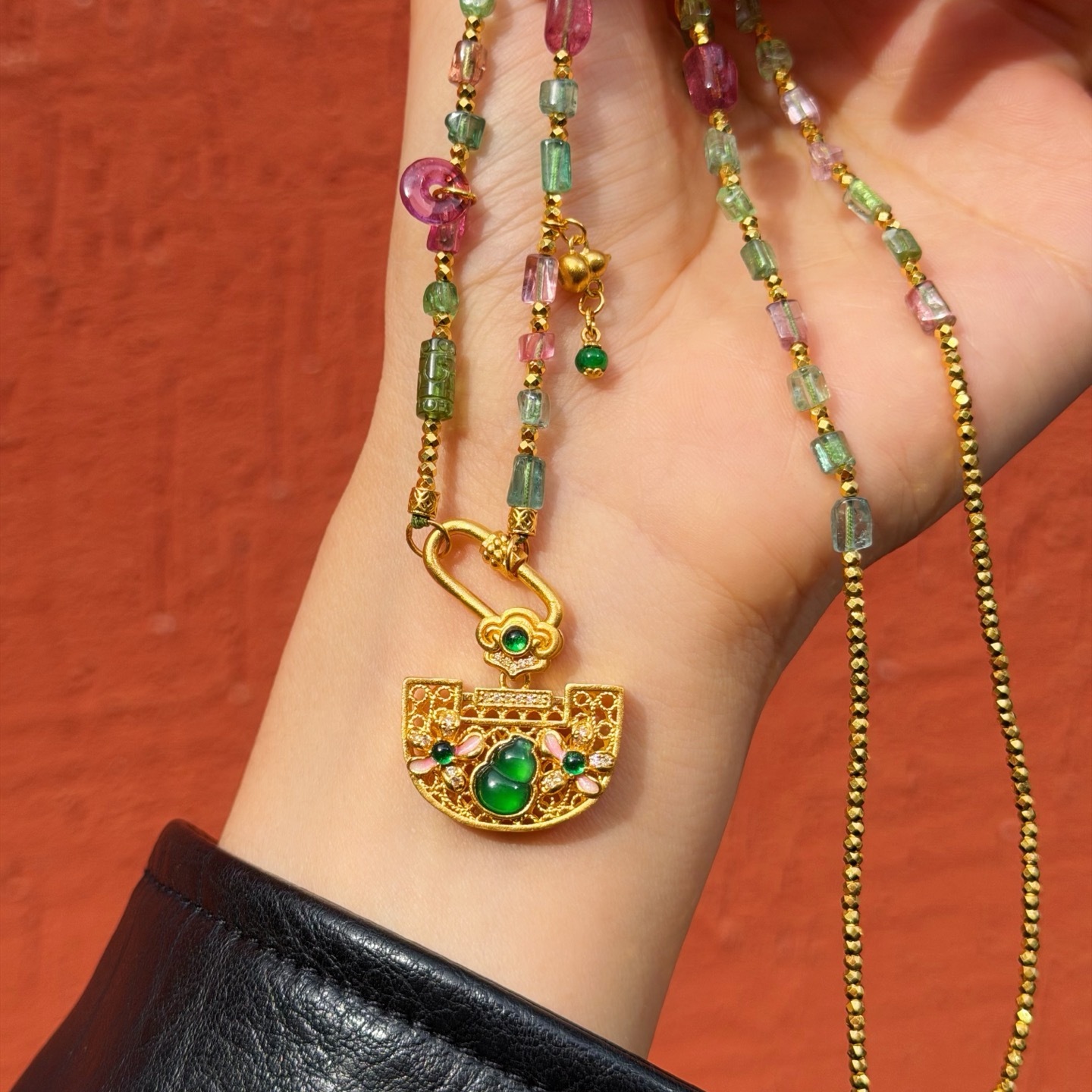 黄金文玩时尚碧玺少女心搭配新式如意锁足金999支持复检日常百搭