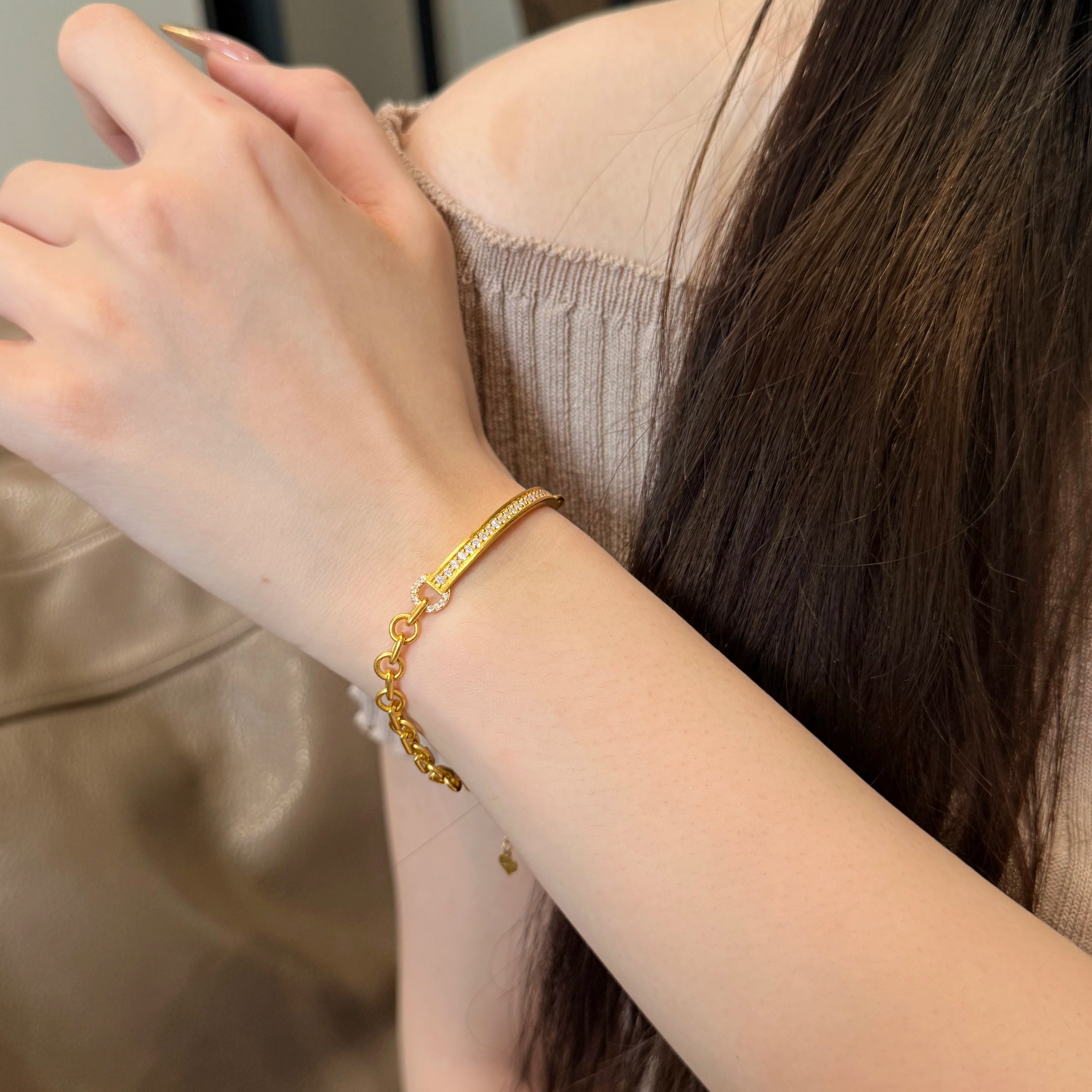 黄金手链送爱人足金999手饰女半镯形带钻手链子莫桑黄金支持复检