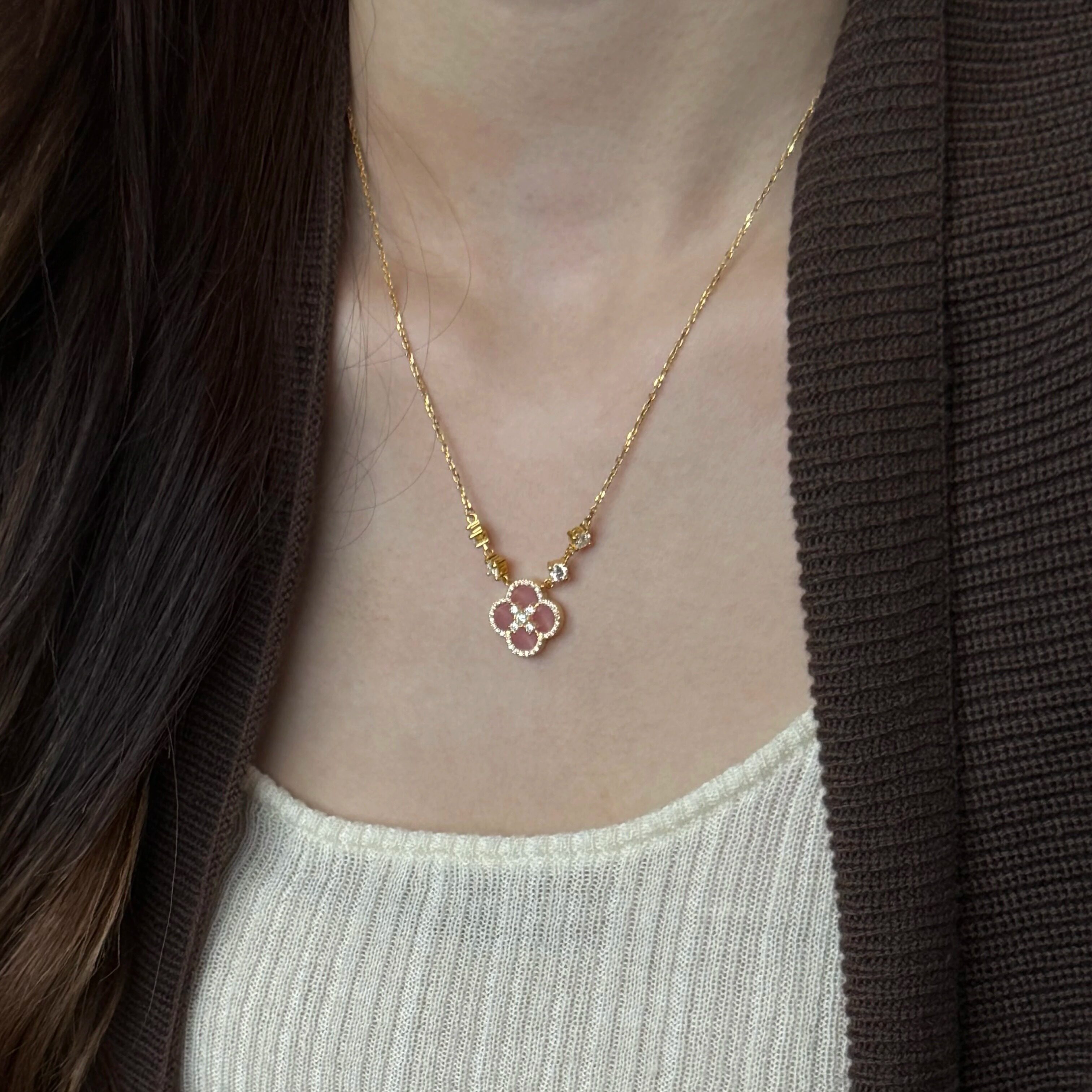 女士黄金项链单花圆形满钻粉草莓猫眼套链女足金999日常百搭项链