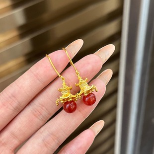 新款 红玛瑙耳钩黄金宫廷玛瑙耳钉足金999耳坠支持复检 中式 风格