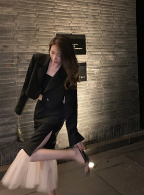 Tongse 洛克套装 三件套西装套装女春秋设计感黑色西服外套裙子