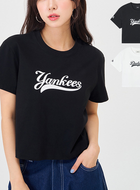 24新款MLB短袖女学院风字母印花短款圆领休闲运动T恤3FTSV1243