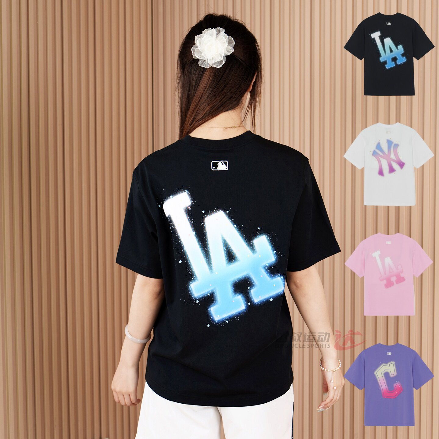 26新款MLB情侣短袖男女NY星光渐变印花凉感休闲运动T恤3ATSB6063
