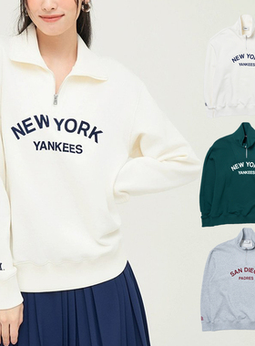 24新款MLB情侣卫衣男女NY字母刺绣立领半拉链运动套头衫3AMTV0244