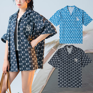 24新款MLB情侣外套男女NY老花满印复古风短袖衬衫3AWSM0243