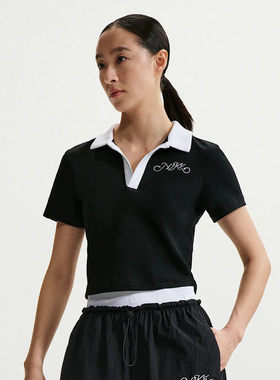 26新款NIKE耐克女休闲短袖刺绣翻领短款修身POLO衫运动T恤IR7565