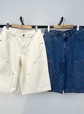 25新款MLB男款牛仔短裤NY复古暗纹老花满标五分裤运动裤3LDPM0253