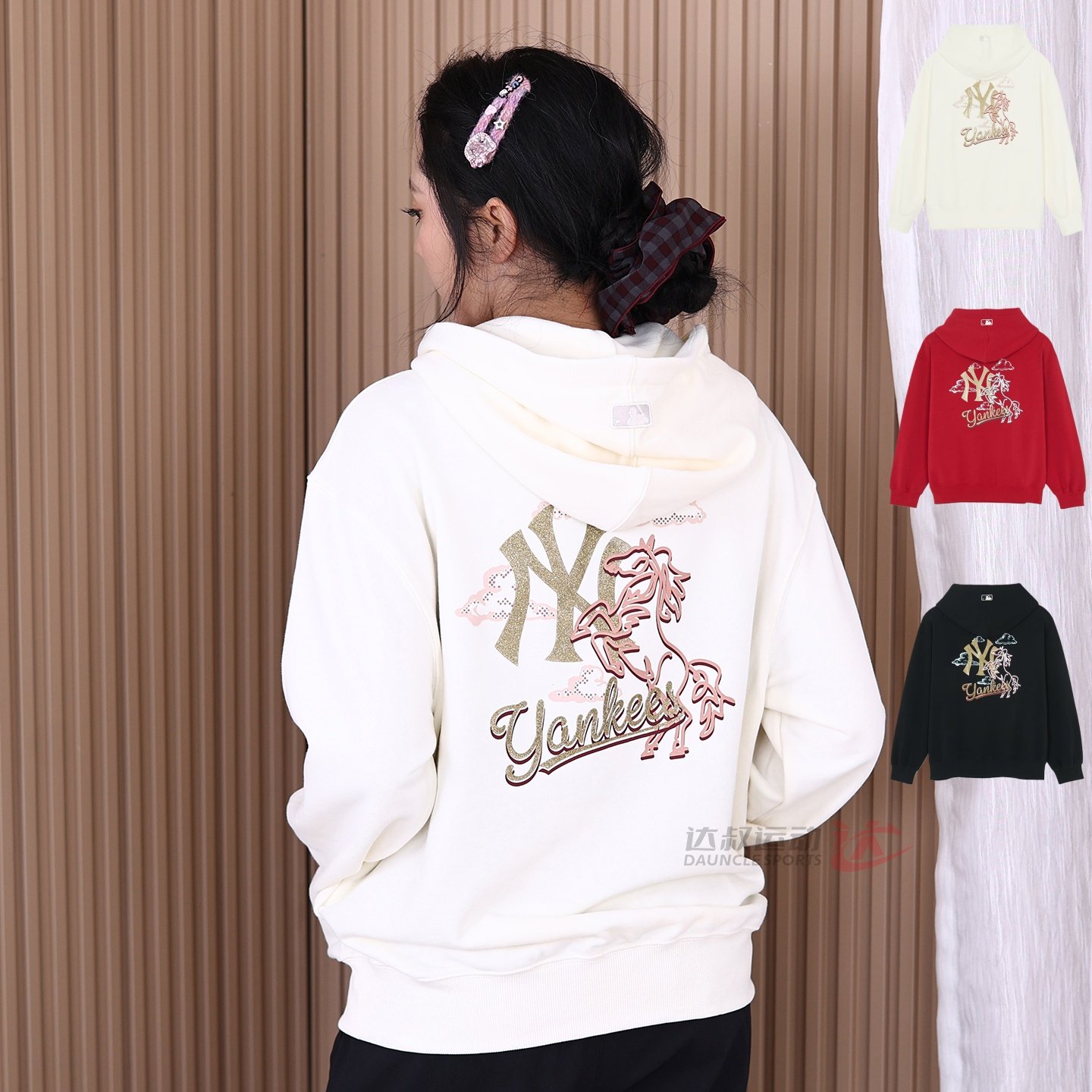 26新款MLB情侣卫衣男女NY新年生肖马印花连帽运动套头衫3AHDQ0161